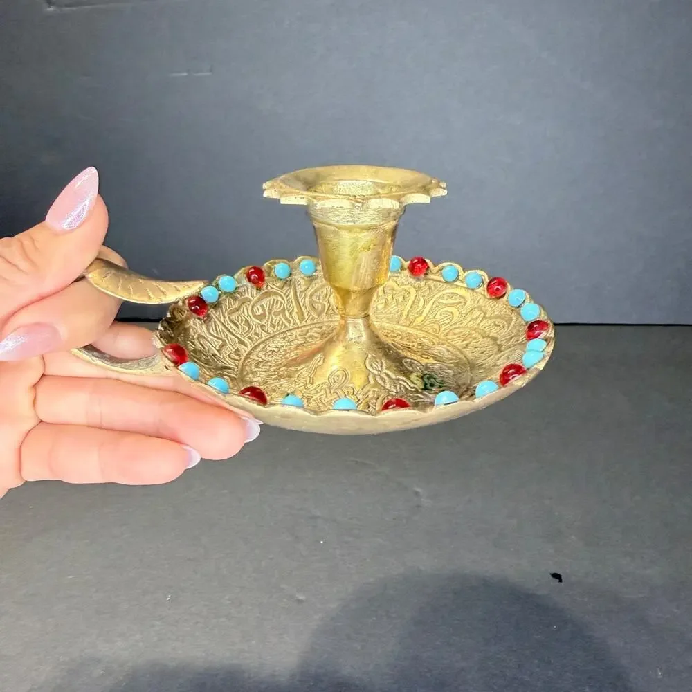Vintage Damascus Brass Chamberstick Candle Holder Jeweled Turquoise Red Bead 4.5